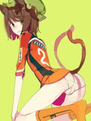 Rule 34 | 1girl, :3, ass, brown hair, cameltoe, chen, clothes writing, fakepucco, fang, fat mons, female focus, from behind, green eyes, hat, jersey, kneehighs, looking back, multiple tails, no pants, panties, short hair, smile, socks, solo, tail, touhou, underwear, white panties
