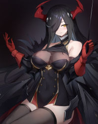 Rule 34 | 1girl, absurdres, azur lane, bare shoulders, conductor baton, black hair, breasts, buttons, cleavage, cowboy shot, double-breasted, dress, friedrich der grosse (azur lane), gloves, hair over one eye, hands up, highres, horns, long hair, mechanical horns, miniskirt, red gloves, red horns, skirt, sleeveless, sleeveless dress, thighhighs, tianyu huapo, yellow eyes