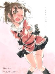 Rule 34 | 10s, 1girl, 2014, arms behind back, bdsm, blush, bondage, bound, breasts, brown hair, dated, kantai collection, koruri, naka (kancolle), one eye closed, open mouth, restrained, skirt, small breasts, solo, tears, twitter username