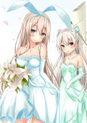 Rule 34 | 10s, 2girls, alternate costume, amatsukaze (kancolle), aqua eyes, bare shoulders, blonde hair, blue dress, blush, bouquet, breasts, bride, brown eyes, choker, collarbone, dress, elbow gloves, flower, gloves, green dress, hairband, highres, kantai collection, looking at viewer, multiple girls, petals, saku (kudrove), shimakaze (kancolle), silver hair, small breasts, smile, strap slip, strapless, strapless dress, two side up, wedding dress
