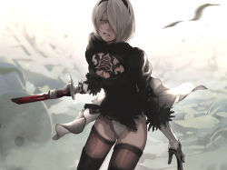 1girl, android, angry, black footwear, black gloves, black hairband, blood, bloody weapon, blue eyes, breasts, broken, broken sword, broken weapon, brown legwear, cleavage, cleavage cutout, clenched teeth, clothing cutout, gauss &lt;bokashi, gloves, grey hair, hairband, holding, holding sword, holding weapon, mole, mole under mouth, nier (series), nier automata, puffy sleeves, robot, see-through, short hair, skindentation, solo, sword, teeth, thighhighs, torn, torn clothes, weapon, yorha no. 2 type b