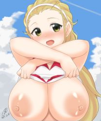 Rule 34 | 10s, 1girl, 9rimson, blonde hair, blush, breasts, breasts out, clothes lift, girls und panzer, highres, huge breasts, large areolae, long hair, looking at viewer, nipples, no bra, open mouth, sasaki akebi, shirt, shirt lift, smile, solo, undressing, upper body, yellow eyes