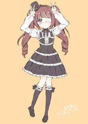 Rule 34 | absurdres, arms up, bad id, bad pixiv id, brown eyes, brown hair, commentary request, double v, expressionless, eyepatch, full body, gothic lolita, hanazono yurine, hat, highres, jashin-chan dropkick, kneehighs, lolita fashion, long hair, looking at viewer, shoes, simple background, socks, solo, twintails, v, yellow background, yuuki shushu