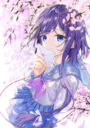 Rule 34 | 1girl, absurdres, blue eyes, cherry blossoms, closed mouth, confession, highres, holding, holding letter, koyulu, letter, love letter, original, petals, pov, purple hair, school uniform, serafuku, string, string of fate