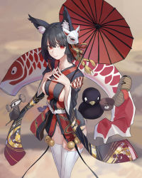 Rule 34 | 1girl, absurdres, animal ear fluff, animal ears, azur lane, bell, black hair, black kimono, blurry, blurry background, breasts, brown background, cat ears, closed mouth, collarbone, commentary, feet out of frame, fish, highres, holding, holding umbrella, japanese clothes, kimono, large breasts, looking at viewer, mac star, mask, mask on head, oil-paper umbrella, own hands together, red eyes, red kimono, red umbrella, short hair, sideboob, sleeveless, sleeveless kimono, solo, steepled fingers, thick eyebrows, thighhighs, two-tone kimono, umbrella, white thighhighs, yamashiro (azur lane)