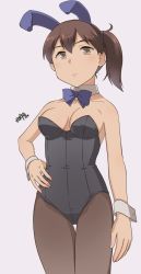 Rule 34 | 1girl, animal ears, black leotard, black pantyhose, blue bow, blue bowtie, bow, bowtie, breasts, brown eyes, brown hair, commentary request, cowboy shot, detached collar, hand on own hip, highres, kaga (kancolle), kantai collection, large breasts, leotard, long hair, osamada meika, pantyhose, playboy bunny, rabbit ears, simple background, solo, white background, wrist cuffs