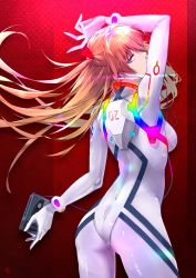Rule 34 | 1girl, absurdres, ass, blue eyes, bodysuit, breasts, cno, commentary request, curvy, earphones, evangelion: 3.0+1.0 thrice upon a time, eyepatch, from behind, hair ornament, highres, long hair, looking at viewer, looking back, medium breasts, neon genesis evangelion, orange hair, plugsuit, rainbow, rebuild of evangelion, shiny clothes, shiny skin, solo, souryuu asuka langley, thighs, twintails, watermark