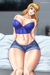 Rule 34 | 1girl, bare shoulders, bed, black clover, breasts, cleavage, cleavage cutout, clothing cutout, curvy, dress, female focus, green eyes, highres, large breasts, lipstick, long hair, makeup, midriff, mimosa vermillion, navel, orange hair, ornament, shorts, sitting, solo, strapless, strapless dress, teasing, thick thighs, thighs