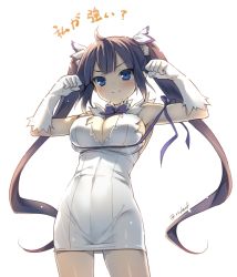 Rule 34 | &gt;:), 10s, 1girl, black hair, blue eyes, breasts, cleavage, cleavage cutout, clothing cutout, dress, dungeon ni deai wo motomeru no wa machigatteiru darou ka, female focus, gloves, hair ribbon, hestia (danmachi), large breasts, long hair, looking at viewer, rei no himo, revision, ribbon, riv (rivleaf), skindentation, smile, solo, translation request, twintails, twitter username, v-shaped eyebrows, white background, white dress, white gloves