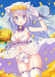 Rule 34 | 1girl, :d, animal ear fluff, animal ears, arm up, armpits, bare arms, bare shoulders, bouquet, bow, bowtie, breasts, bridal veil, cat ears, cat girl, center opening, cleavage, cowboy shot, criss-cross halter, detached collar, dress, floating hair, flower, garter belt, gloves, groin, halterneck, highres, holding, kawanobe, lace, lace-trimmed panties, lace trim, large breasts, long hair, looking at viewer, moe2021, navel, no bra, open mouth, original, outdoors, panties, panties over garter belt, petals, purple eyes, purple hair, revealing clothes, sleeveless, sleeveless dress, smile, solo, spaghetti strap, standing, stomach, string panties, sunflower, thighhighs, thighs, underwear, veil, wedding dress, white dress, white gloves, white panties, white thighhighs, yellow flower