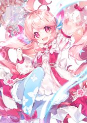 Rule 34 | 1girl, :d, ahoge, arm up, artist name, blue pantyhose, blush, commentary, dress, elsword, eyebrows hidden by hair, floral print, hair between eyes, head tilt, laby (elsword), long hair, long sleeves, name (oiuio), open mouth, pantyhose, pink hair, print pantyhose, puff and slash sleeves, puffy long sleeves, puffy sleeves, radiant soul (elsword), red eyes, sharp teeth, signature, smile, solo, sparkle, standing, standing on one leg, teeth, very long hair, white background, white dress