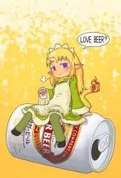 Rule 34 | 1girl, alcohol, beer, blonde hair, can, diode (0 division), dress, drunk, english text, flame-tipped tail, futaba channel, headdress, hooves, horns, kirin (company), kirin (nijiura maids), long hair, looking at viewer, nijiura maids, oversized object, pointy ears, purple eyes, sigh, single horn, sitting, smile, solo, tail