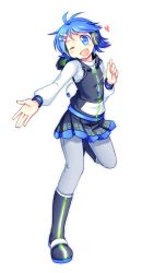 Rule 34 | 1girl, blue eyes, blue hair, boots, character request, commentary request, hair ornament, hairclip, haru.jpg (artist), headphones, heart, highres, hood, hoodie, jacket, knee boots, long sleeves, looking at viewer, multicolored clothes, multicolored footwear, open mouth, outstretched arm, pants, pants under skirt, short hair, skirt, smile, solo, spoken heart, standing, standing on one leg, utau