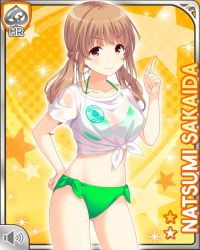 Rule 34 | 1girl, barefoot, bikini, breasts, brown hair, card (medium), closed mouth, collarbone, finger wagging, girlfriend (kari), hand on own hip, large breasts, long hair, official art, qp:flapper, red eyes, sakaida natsumi, see-through, shirt, shoes, smile, solo, standing, swimsuit, tagme, tied shirt, v-shaped eyebrows, wet, wet clothes, white shirt, yellow background