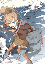Rule 34 | 10s, 1girl, aqua eyes, ascot, blazer, brown hair, brown skirt, brown thighhighs, collared shirt, fighting stance, flight deck, hair ornament, high ponytail, jacket, kantai collection, kumano (kancolle), lanyard, long hair, machinery, ninimo nimo, ocean, open mouth, pleated skirt, ponytail, school uniform, shirt, skirt, solo, standing, standing on liquid, striped clothes, striped thighhighs, thighhighs