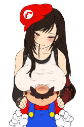 Rule 34 | 1boy, 1girl, bare shoulders, black hair, blush, breast press, breasts, brown hair, covering face, covering own eyes, face to breasts, facial hair, final fantasy, final fantasy vii, final fantasy vii remake, gloves, grin, hand on another&#039;s shoulder, haraya manawari, hat, height difference, highres, italian senate porn livestream (meme), italian senate porn livestream (meme), long hair, mario, mario (series), meme, mustache, nintendo, overalls, ponytail, red eyes, sexually suggestive, smile, square enix, super mario bros. 1, tifa lockhart, tomboy, upper body