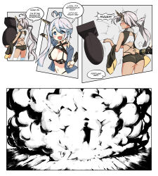 Rule 34 | 1boy, 2girls, ahoge, ass, azur lane, back, bandeau, bikini, black bikini, black shorts, blue eyes, blue shirt, blush, bomb, breasts, brown eyes, cleavage, comic, commander (azur lane), commentary, dark-skinned female, dark skin, dropping, english commentary, english text, explosion, explosive, fang, grey hair, heart, heart-shaped pupils, heart ahoge, heterochromia, highres, holding, holding bomb, horns, indianapolis (azur lane), large breasts, long hair, mechanical horns, multiple girls, nuclear weapon, open mouth, parallelrey, pointing, pointing at another, portland (azur lane), retrofit (azur lane), shirt, shorts, siblings, side ponytail, sisters, skin fang, smile, surprised, swimsuit, symbol-shaped pupils, thighhighs, touching another&#039;s back, turtleneck, twintails, underboob, upper body, very long hair, white bandeau, white hair, white thighhighs