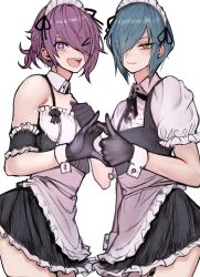 Rule 34 | + +, 2boys, 2n5, apron, black dress, black gloves, blue hair, crossdressing, detached collar, dress, earrings, frilled apron, frills, gloves, hair over one eye, heart, heart hands, heart hands failure, highres, jewelry, looking at viewer, maid, maid apron, maid headdress, male maid, multiple boys, open mouth, original, puffy short sleeves, puffy sleeves, purple eyes, purple hair, short hair, short sleeves, smile, thumbs up, trap, waist apron, white apron, wrist cuffs, yellow eyes