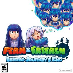 Rule 34 | 1boy, 2girls, absurdres, artist name, black eyes, blue hair, blue scarf, blunt bangs, character name, closed eyes, closed mouth, commentary, copyright name, cover, elf, esrb, fake cover, fern (sousou no frieren), frieren, highres, himmel (sousou no frieren), logo, long hair, mario &amp; luigi: dream team, mario &amp; luigi rpg, mario (series), multiple girls, nintendo, open mouth, parted bangs, pointy ears, purple hair, scarf, simple background, sleeping, slime does art, sousou no frieren, sparkle, thick eyebrows, thought bubble, twintails, twitter username, video game cover, white background, white hair