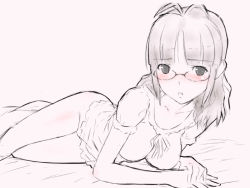 Rule 34 | 00s, 1girl, :o, akizuki ritsuko, antenna hair, blush, bottomless, collarbone, facing viewer, female focus, glasses, idolmaster, idolmaster (classic), idolmaster 1, looking at viewer, lying, monochrome, on side, on stomach, parted lips, pussy, shimano natsume, short hair, short sleeves, solo, spot color, thigh gap