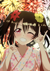 Rule 34 | 1girl, ;), absurdres, artist name, artist request, black hair, blush, bow, breasts, double m/, female focus, firework background, fireworks, flat chest, floral print, flower, flower print, hair between eyes, hair bow, hair flower, hair ornament, highres, japanese clothes, kimono, long hair, looking at viewer, love live!, love live! school idol festival, love live! school idol project, nico nico nii, one eye closed, parted lips, red eyes, red flower, short hair, short twintails, small breasts, smile, solo, teeth, twintails, upper body, white kimono, wink, yazawa nico, yellow flower