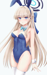 Rule 34 | animal ears, aqua bow, aqua bowtie, arm at side, back bow, bare shoulders, blonde hair, blue archive, blue bow, blue eyes, blue hair, blue hairband, blue halo, blue leotard, blush, bow, bowtie, braid, breasts, cleavage, collar, commentary, covered navel, cowboy shot, curvy, detached collar, earpiece, eyelashes, eyes visible through hair, fake animal ears, fake tail, french braid, groin, hair between eyes, hair bow, hairband, halo, hand on own hip, highres, leotard, long hair, looking at viewer, medium breasts, multicolored hair, open mouth, playboy bunny, rabbit ears, rabbit tail, shiny skin, sidelocks, simple background, standing, straight hair, strapless, strapless leotard, streaked hair, tail, thighhighs, thighs, toki (blue archive), toki (bunny) (blue archive), v, very long hair, white background, white collar, white thighhighs, white wrist cuffs, wrist cuffs, yuunagi (yunagi1373)