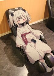 Rule 34 | 1girl, ahoge, black flower, blush, bow, cellphone, closed eyes, closed mouth, commentary request, feet out of frame, flower, grey hair, hair flower, hair ornament, highres, japanese clothes, kimono, looking at viewer, lying, massage chair, nakkar, no shoes, on back, original, phone, photo background, red bow, sleeves past wrists, socks, solo, sweat, twintails, twitter username, white kimono, white socks, wide sleeves
