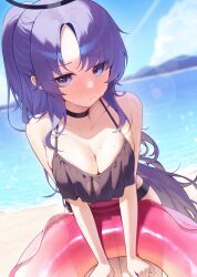 Rule 34 | 1girl, absurdres, bare shoulders, bikini, black bikini, black choker, blue archive, blue eyes, blush, breasts, choker, cleavage, closed mouth, collarbone, cowboy shot, halo, highres, innertube, jitome, large breasts, leaning forward, lens flare, light frown, long hair, ocean, outdoors, pink pupils, ponytail, purple hair, sbgu, skindentation, sky, solo, swim ring, swimsuit, very long hair, yuuka (blue archive)