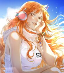 Rule 34 | 1girl, 27kyan art, bangle, bare shoulders, blue sky, bracelet, breasts, brown eyes, cloud, cloudy sky, commentary, elbow rest, english commentary, floating hair, hand on own face, head rest, headphones, highres, hood, hood down, hoodie, jewelry, large breasts, leotard, light blush, light particles, lips, log pose, long hair, looking at viewer, nami (one piece), nami (one piece) (egghead), official alternate costume, one piece, orange hair, outdoors, parted lips, pink headphones, pink lips, shoulder tattoo, sidelocks, sky, sleeveless, sleeveless hoodie, solo, tattoo, upper body, very long hair, wavy hair, white hoodie, white leotard