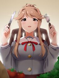 Rule 34 | 1girl, absurdres, blush, breasts, buttons, chair, cherry tomato, collar, dot nose, flipped hair, fork, from below, grey serafuku, grey shirt, hair bun, hair over breasts, hair over shoulder, hands up, highres, holding, holding fork, holding knife, homco, idolmaster, idolmaster million live!, idolmaster million live! theater days, junior high schoolmate (idolmaster), knife, large breasts, lettuce, light brown hair, long hair, long sleeves, looking at viewer, neck ribbon, official alternate costume, open mouth, parted bangs, plaid collar, red ribbon, ribbon, school uniform, serafuku, shirt, sidelocks, single hair bun, sitting, solo, swept bangs, tenkuubashi tomoka, tomato, uniform series (idolmaster), upper body, white collar