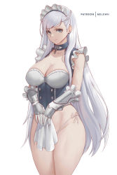 Rule 34 | 1girl, absurdres, apron, azur lane, belfast (azur lane), blue eyes, breasts, broken, broken chain, chain, cleavage, collar, covering privates, covering crotch, frilled sleeves, frills, gloves, highres, large breasts, little bel (azur lane), looking at viewer, maid, maid apron, maid headdress, melowh, panties, solo, standing, thick thighs, thighs, thong, underwear, white hair, white panties