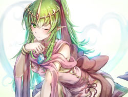 Rule 34 | 1girl, absurdres, bare shoulders, bracelet, clear glass (mildmild1311), dragonstone, dress, fire emblem, fire emblem: mystery of the emblem, fire emblem awakening, fire emblem heroes, green eyes, green hair, highres, jewelry, long hair, looking at viewer, necklace, nintendo, official alternate costume, one eye closed, pink dress, pointy ears, ponytail, short dress, side slit, signature, simple background, sitting, smile, solo, stone, tiara, tiki (adult) (fire emblem), tiki (fire emblem), twitter username, upper body