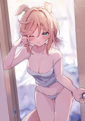 Rule 34 | 1girl, absurdres, animal ears, blue eyes, blurry, blurry background, blush, breasts, cleavage, closed mouth, collarbone, commentary request, door, doorway, hair between eyes, hair ornament, highres, horse ears, horse girl, light brown hair, looking at viewer, low twintails, medium breasts, mola mola, navel, one eye closed, panties, pov doorway, shirt, short ponytail, short twintails, solo, strap slip, tank top, twintails, umamusume, underwear, venus paques (umamusume), white tank top