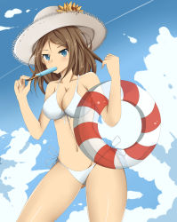 Rule 34 | 10s, 1girl, blue eyes, blue sky, blush, breasts, brown hair, cleavage, cloud, day, food, girls und panzer, gluteal fold, groin, hat, highres, innertube, large breasts, navel, nonna (girls und panzer), olly (ollycrescent), outdoors, popsicle, sky, solo, straw hat, swim ring, swimsuit, thighs