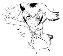 Rule 34 | 10s, 1girl, :d, bird tail, blush, english text, frankseven, greyscale, head wings, highres, holding hands, injury, kemono friends, looking at viewer, monochrome, northern white-faced owl (kemono friends), open mouth, pointing, pov, short hair, smile, solo focus, tail, wings