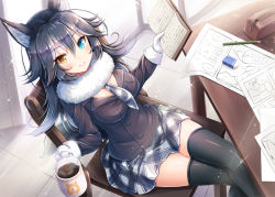 Rule 34 | 10s, 1girl, akashio (loli ace), animal ears, black hair, black necktie, black skirt, black thighhighs, blue eyes, book, breasts, chair, coffee, coffee cup, cup, disposable cup, eraser, fur collar, gloves, grey wolf (kemono friends), heterochromia, indoors, kemono friends, long hair, long sleeves, looking at viewer, medium breasts, miniskirt, multicolored hair, necktie, parted bangs, pencil, revision, simple background, sitting, skirt, smile, solo, sparkle, table, tail, thighhighs, two-tone hair, white gloves, wolf ears, wolf tail, yellow eyes