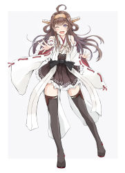 Rule 34 | 1girl, ahoge, boots, border, brown hair, contrapposto, dairyo3, detached sleeves, double bun, full body, grey background, hairband, hakama, hakama short skirt, hakama skirt, headgear, highres, japanese clothes, kantai collection, kongou (kancolle), long hair, looking at viewer, one eye closed, purple eyes, ribbon-trimmed sleeves, ribbon trim, simple background, skirt, smile, solo, standing, thigh boots, thighhighs, white border