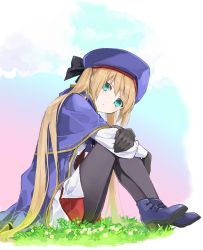 Rule 34 | 1girl, artoria caster (fate), artoria caster (second ascension) (fate), artoria pendragon (fate), beret, black bow, black gloves, black pantyhose, blonde hair, blue cloak, blue footwear, blue headwear, boots, bow, cloak, closed mouth, cloud, cloudy sky, fate/grand order, fate (series), flower, gloves, gradient background, grass, green eyes, hair between eyes, hair bow, hat, highres, kino kokko, long hair, long sleeves, looking at viewer, on grass, pantyhose, purple bow, shirt, sitting, skirt, sky, twintails, white flower, white shirt