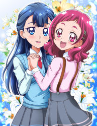 Rule 34 | 10s, 2girls, :d, blue background, blue eyes, blue hair, blue shirt, blush, cowboy shot, floral background, flower, from behind, gradient background, hanzou, highres, holding hands, hugtto! precure, interlocked fingers, l&#039;avenir academy school uniform, light particles, lily (flower), long hair, long sleeves, looking at viewer, looking back, multiple girls, necktie, nono hana, open mouth, pink eyes, pink hair, pink shirt, pleated skirt, precure, red neckwear, school uniform, shirt, short hair, skirt, smile, suspenders, sweater vest, yakushiji saaya, yuri
