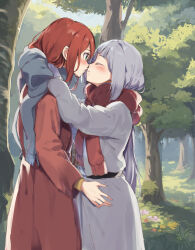 Rule 34 | 2girls, blue scarf, blush, brown coat, brown scarf, closed eyes, closed mouth, coat, commentary request, day, enpera, fringe trim, green eyes, grey coat, grey hair, hatori chise, highres, imminent kiss, lamb (hitsujiniku), long hair, long sleeves, looking at another, mahou tsukai no yome, multiple girls, noses touching, outdoors, philomela sargant, red hair, scarf, tree, very long hair, yuri