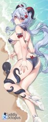 Rule 34 | 1girl, absurdres, ahoge, arm strap, ass, bare shoulders, beach, bikini, black bikini, blue hair, blush, breasts, closed mouth, ganyu (genshin impact), genshin impact, goat horns, hair ornament, hand on own ass, high heels, highres, horns, large breasts, long hair, looking at viewer, lying, octopus, on side, red eyes, smile, starfish, starfish hair ornament, swimsuit, tacco (tikeworld), thighs, underboob, water, white footwear
