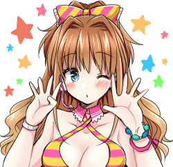 Rule 34 | 10s, 1girl, aqua eyes, arms up, blush, bow, bracelet, breasts, brown hair, cleavage, detached collar, hair bow, headset, high ponytail, hino akane (idolmaster), idolmaster, idolmaster cinderella girls, jewelry, large breasts, long hair, lowres, one eye closed, orange hair, shirt, sleeveless, sleeveless shirt, solo, star (symbol), striped, striped bow, tsukudani norio, wink, wristband