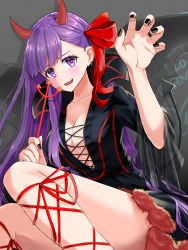 Rule 34 | 1girl, absurdres, artist request, bb (fate), bb (fate/extra), black dress, blush, breasts, cleavage, collarbone, demon girl, demon horns, demon tail, dress, fate/extra, fate/extra ccc, fate (series), hair ribbon, halloween costume, highres, horns, large breasts, long hair, long sleeves, looking at viewer, open mouth, purple eyes, purple hair, red ribbon, ribbon, sitting, smile, tail, very long hair