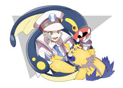 Rule 34 | 1boy, armband, blue armband, blue fur, blue necktie, blue sclera, bug, claws, coat, collared shirt, colored sclera, creatures (company), dabu (dabuchan), eelektross, emmet (pokemon), fangs, fish, galvantula, game freak, gen 5 pokemon, gloves, grey eyes, grey hair, hand on another&#039;s face, hat, long sideburns, male focus, necktie, nintendo, peaked cap, pokemon, pokemon (creature), pokemon bw, red sclera, shirt, sideburns, simple background, smile, spider, trench coat, triangle, twitter username, upper body, white coat, white gloves, white headwear, white shirt, yellow fur