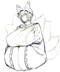 Rule 34 | 1girl, animal hat, breasts, covered erect nipples, fox tail, frown, greyscale, hat, highres, huge breasts, japanese clothes, mob cap, monochrome, multiple tails, mob cap, solo, spacezin, tail, touhou, upper body, wide sleeves, yakumo ran
