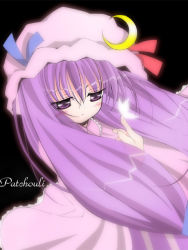 Rule 34 | 1girl, catbell, character name, crescent, female focus, hat, long hair, patchouli knowledge, purple hair, solo, touhou