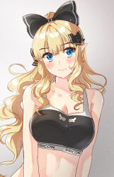 Rule 34 | 1girl, absurdres, bare arms, bare shoulders, black bow, blonde hair, blue eyes, bow, breasts, cleavage, closed mouth, commentary request, copyright name, gradient background, grey background, hair between eyes, hair bow, head tilt, highres, holmemee, long hair, medium breasts, pointy ears, ponytail, princess connect!, saren (princess connect!), solo, sports bra, upper body, very long hair, wavy hair