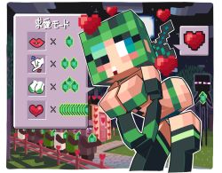 Rule 34 | 1girl, ;), bikini, black thighhighs, blue eyes, blush stickers, breasts, breasts squeezed together, cleavage, creeper, enderman, fence, gameplay mechanics, gashi-gashi, gem, green bikini, green gemstone, hand gesture, handjob, heart, hood, large breasts, lipstick, makeup, minecraft, minecraft sword, multiple boys, one eye closed, over shoulder, paizuri, penis, personification, pixelated, prostitution, smile, solo focus, swimsuit, sword, sword over shoulder, thighhighs, translation request, villager (minecraft), weapon, weapon over shoulder