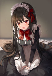 Rule 34 | 1girl, absurdres, apron, black hair, bow, breasts, dress, frilled apron, frills, hair bow, highres, juliet sleeves, kimae, lens flare, long hair, long sleeves, looking at viewer, maid, maid apron, maid headdress, medium breasts, open mouth, original, puffy sleeves, red bow, red eyes, red neckwear, ribbon, sitting, smile, solo, sparkle, straight hair, very long hair, wariza