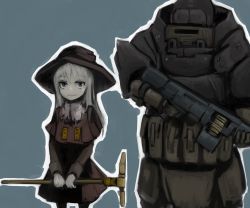 Rule 34 | 1girl, absurdres, armor, blonde hair, bomb suit, bulletproof vest, dress, green eyes, gun, hat, highres, load bearing vest, long dress, machine gun, original, pouch, simple background, size difference, smile, steeam, visor, weapon, witch, witch hat